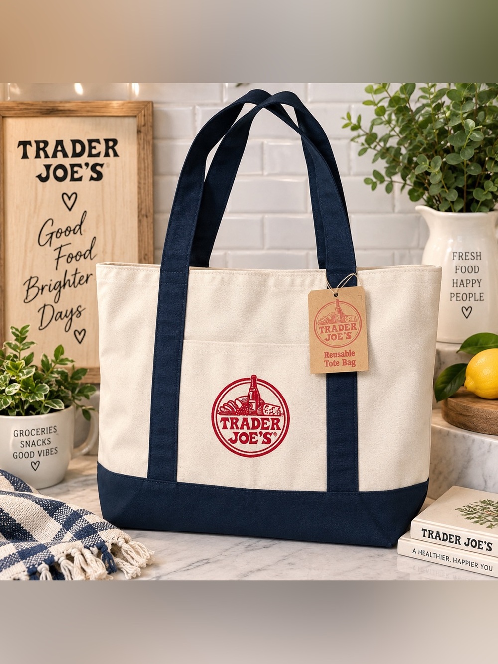 Trader Joe’s Reusable Tote Bag – Navy & Natural Canvas NWT